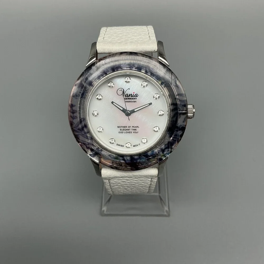 Vania Womens Watch 39mm White Mother Of Pearl Swarovski Dial Leather New Battery
